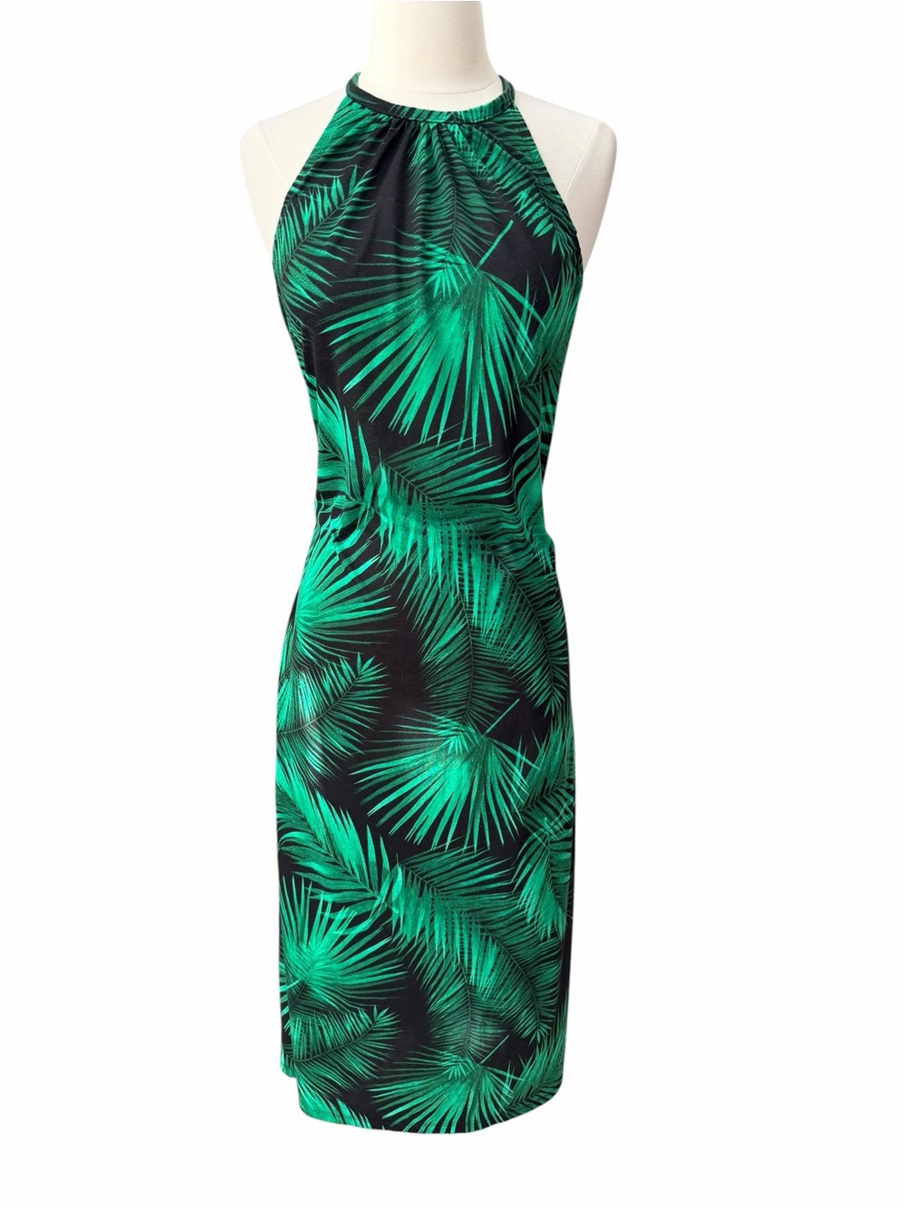Green Palm Print Halter Bodycon Dress